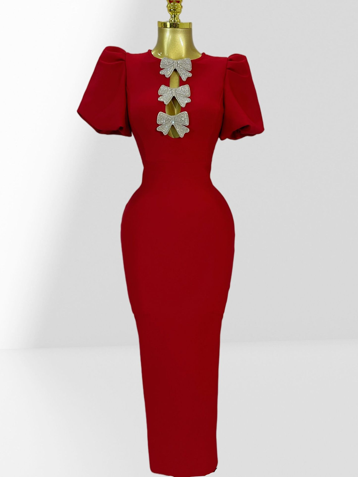 Red Puff-Sleeve Midi Sheath Dress
