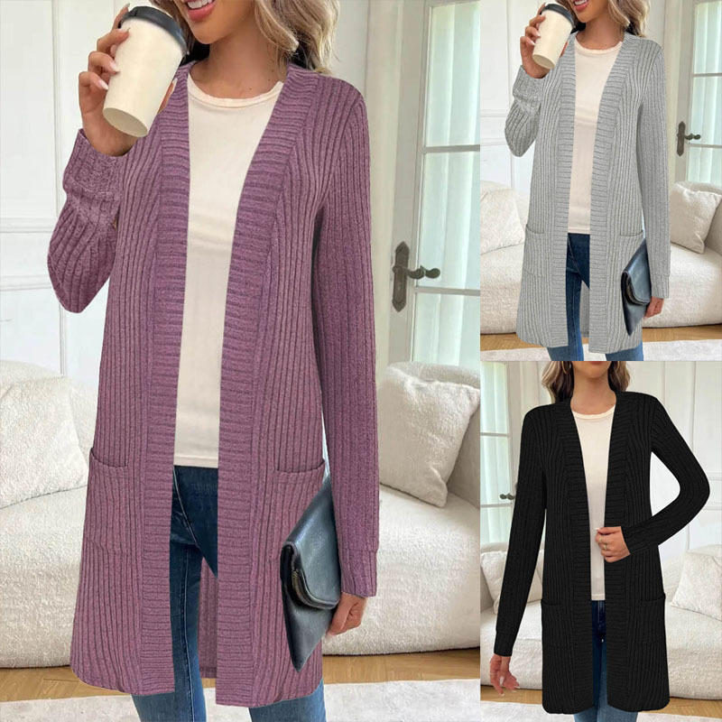 Women's Open Front Long Cardigan, Long Sleeve Ribbed Knit Mid Length Sweater With Pockets,Casual Solid Color Outerwear