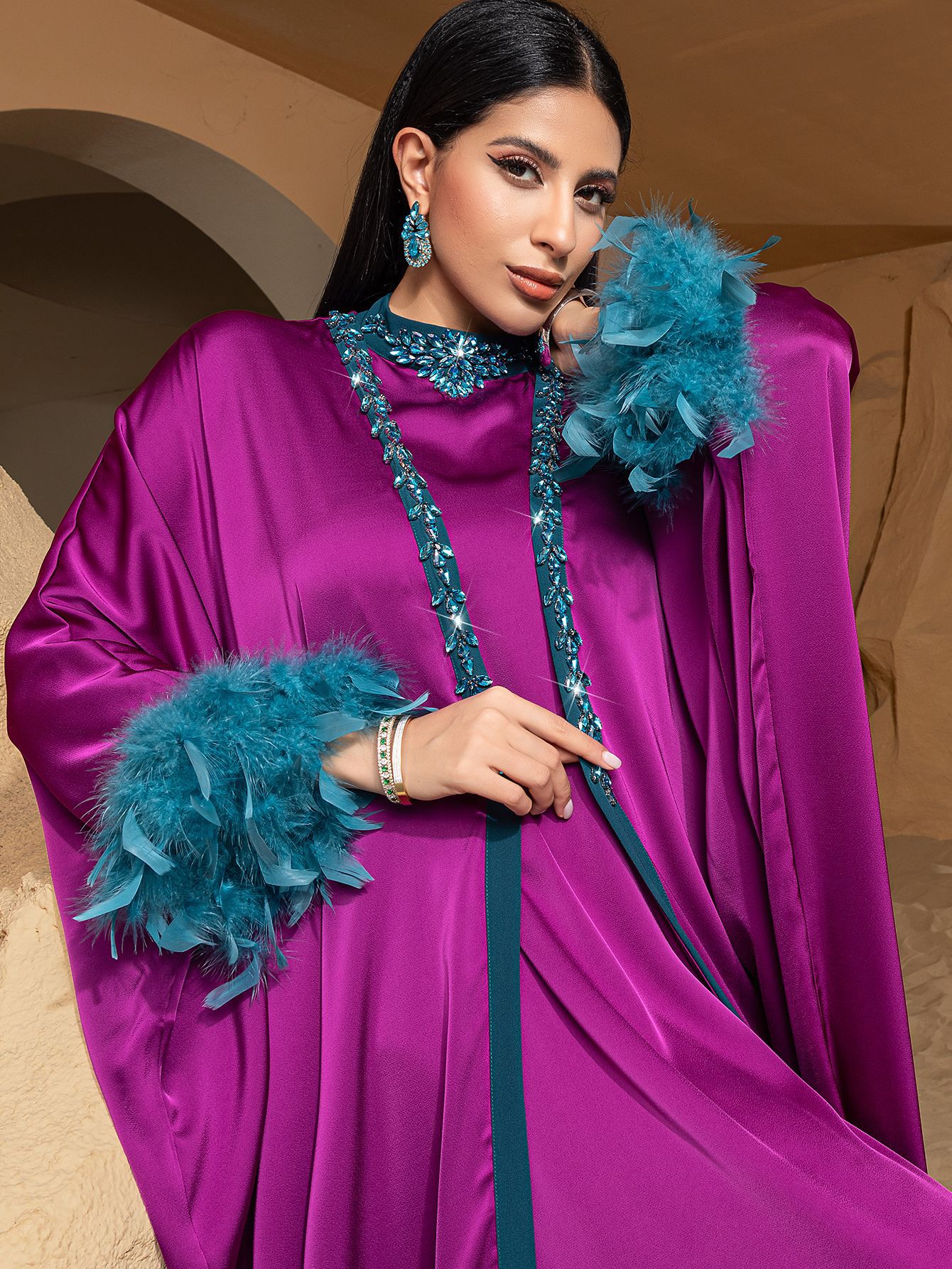 Satin Abaya & Inner Dress Set With Sequined Trim & Feather Cuffs