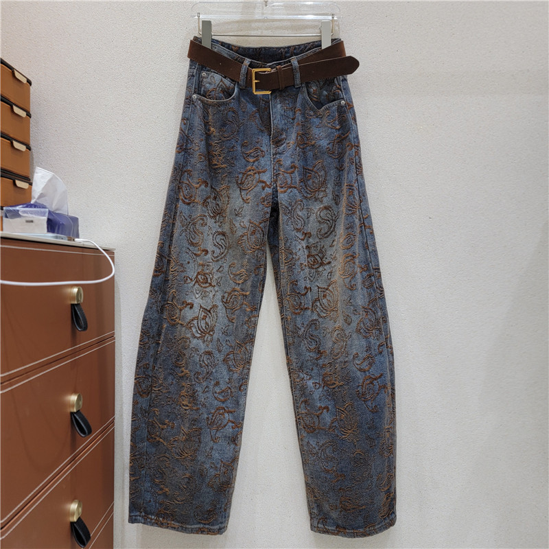 Paisley Jacquard Vintage Wash Wide-Leg Jeans cu curea din piele