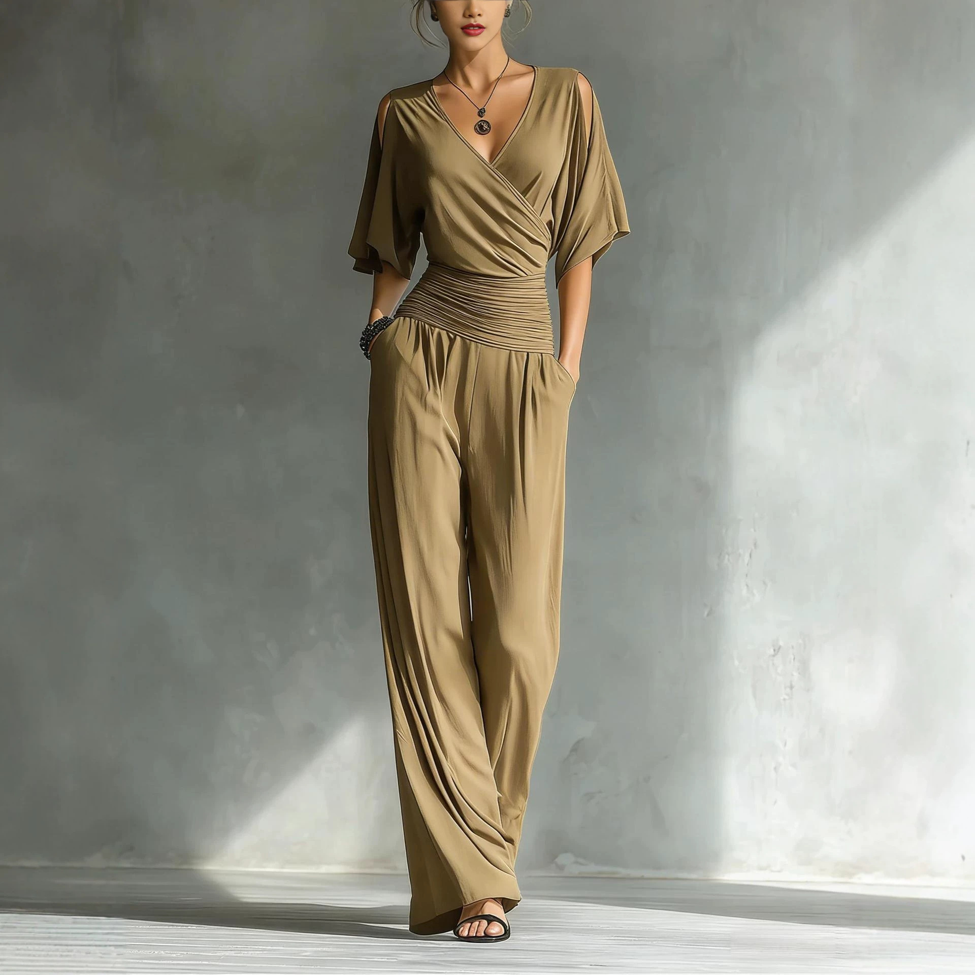Cross-border Independent Website European And American 2026 Summer New Amazon Fashion Elegant Off-shoulder V-neck Slim-fit Jumpsuit For Women