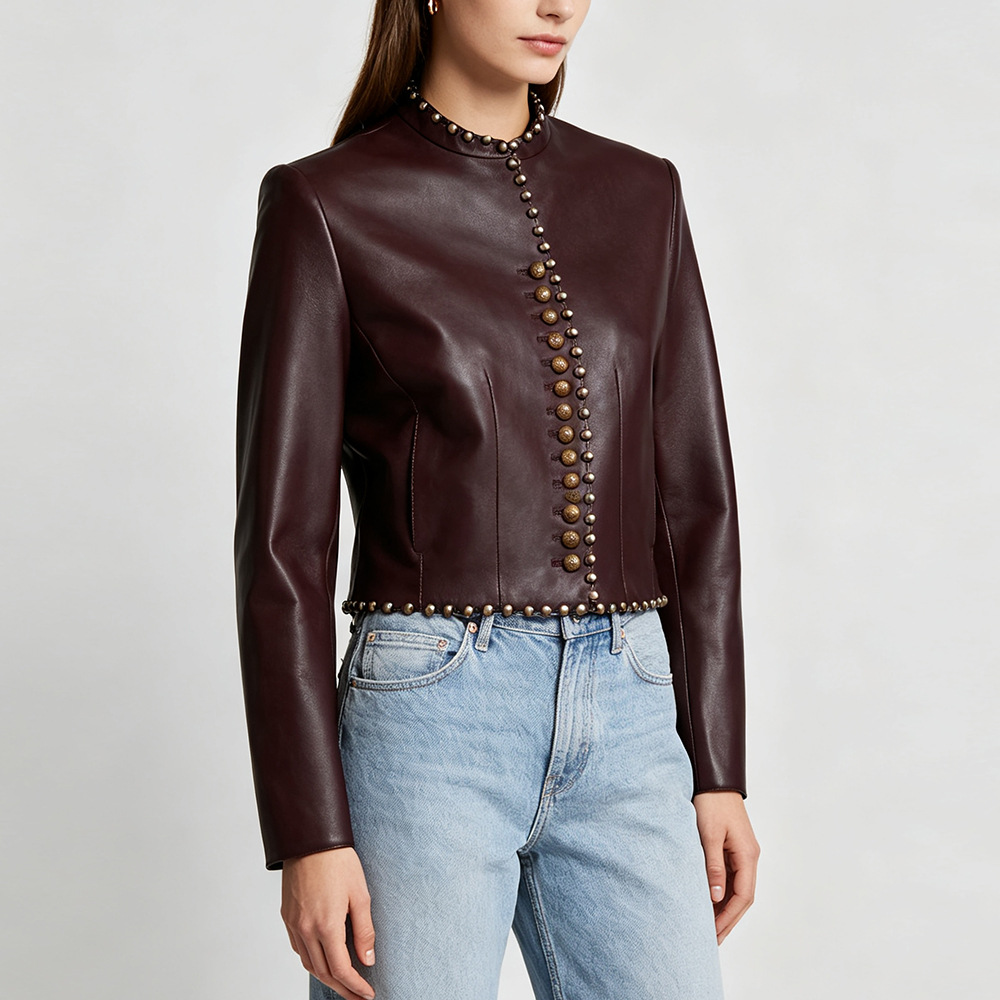 Studded Mandarin Collar Faux Leather Cropped Jacket