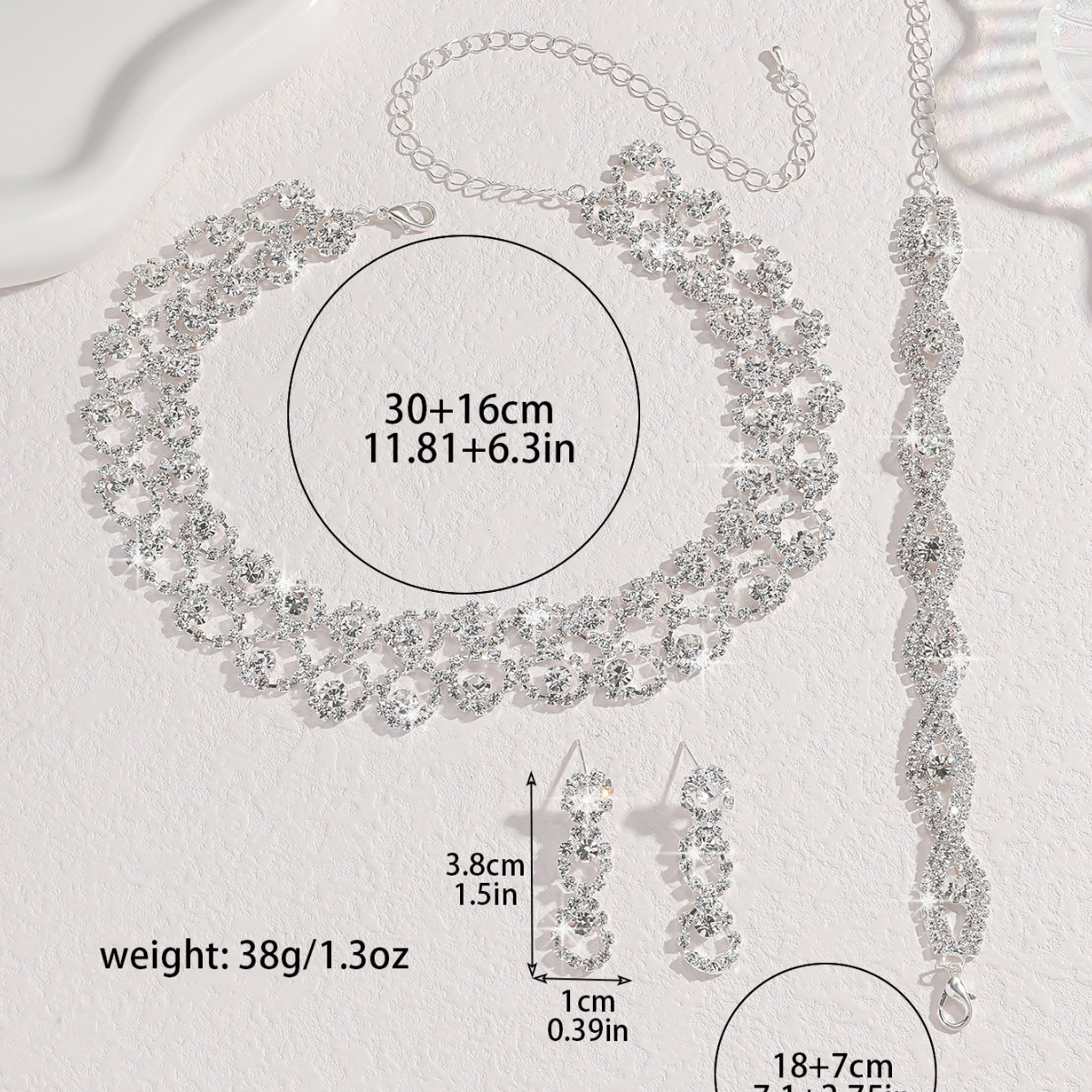 Luxurious Full Diamond Women's Earrings And Necklace Jewelry Set In Silver For Wedding Season, Elegant Jewelry For Date Or Wedding Dress