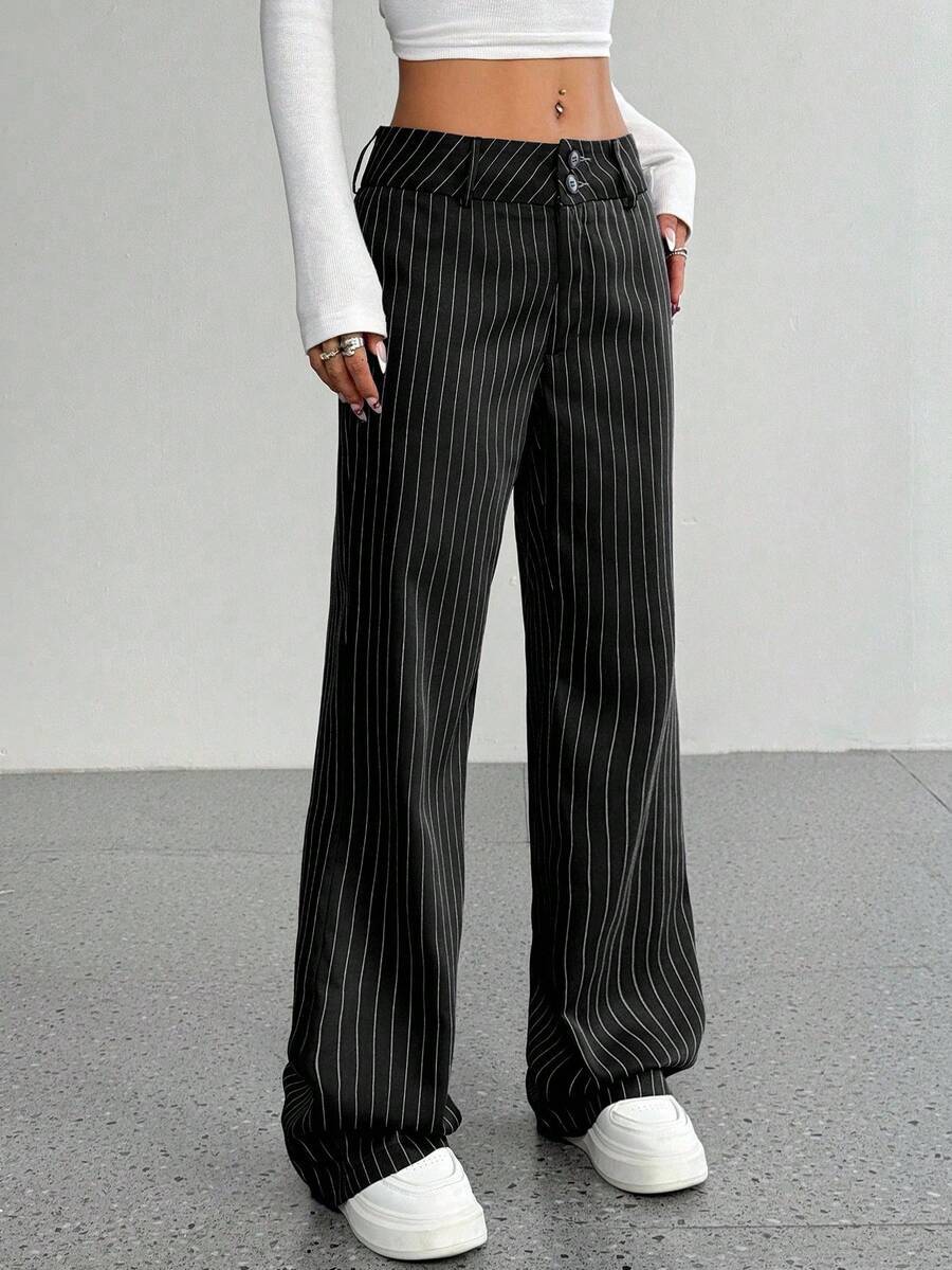 European And American Cross-Border Striped Loose Casual New Mid-Waist Wide-Leg Suit Trousers Straight-Leg Pants — image 2 of 10