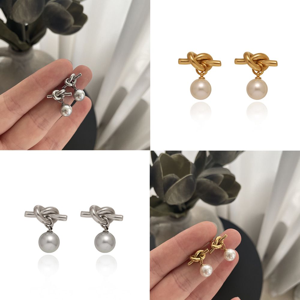 French Ins Style Knotted Glass Gray Pearl Artificial Multi-Linen Earrings Titanium Steel Vacuum Plated