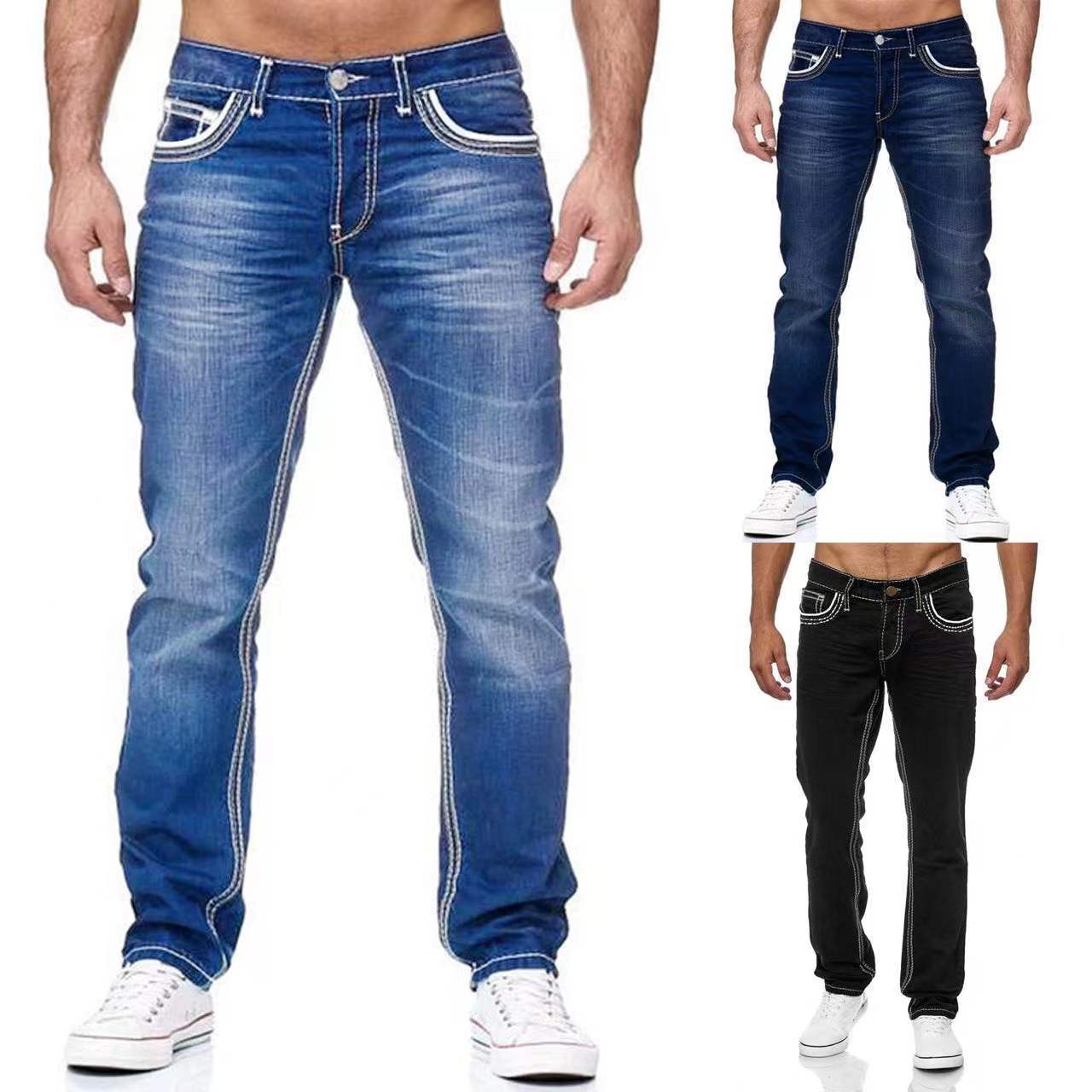 European And American Cross-Border Platform New Men's Double-Line Jeans High Elastic Amazon Jeans