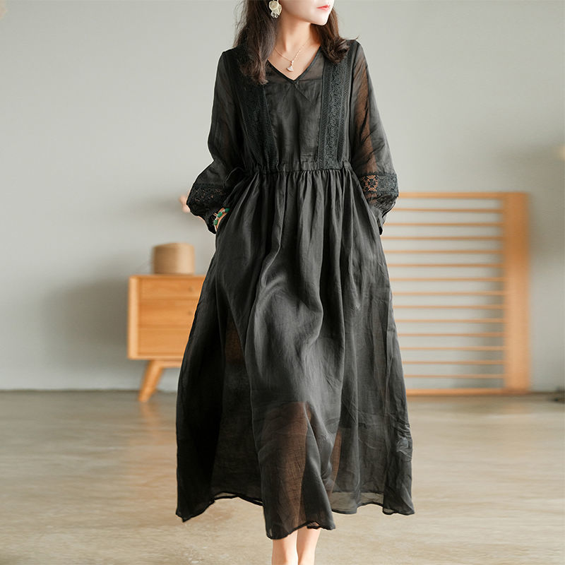 Comfortable And Fashionable Simple Seven-sleeve Artistic Style Lace-up Dress Long V-neck Fresh Style