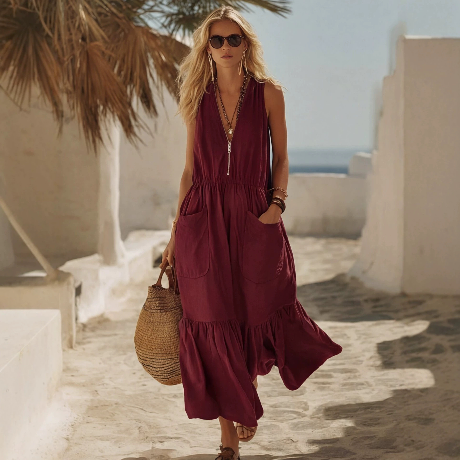Casual Vintage Pocket V Neck Zip Dress