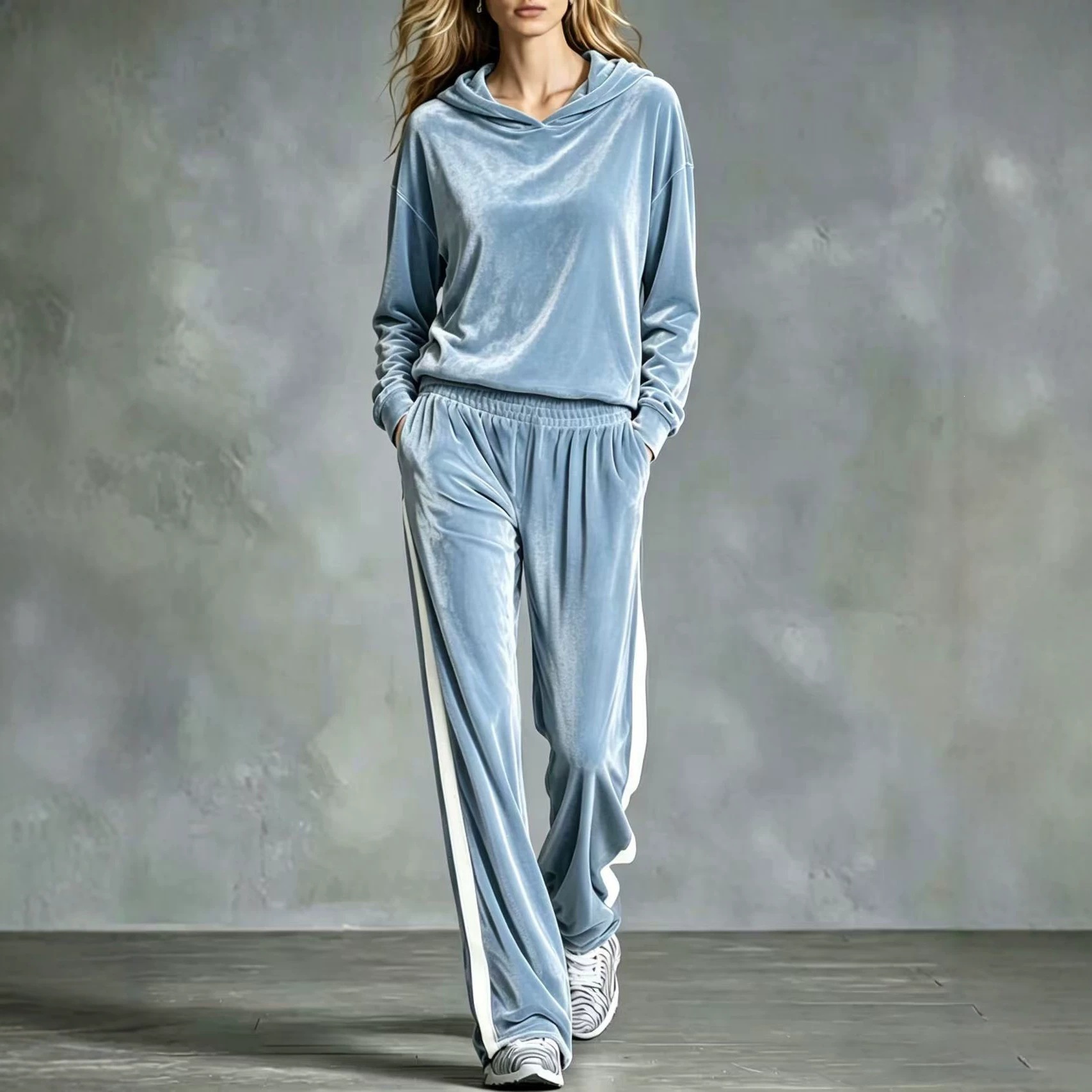Ladies Velvet Hoodie Side Stripe Wide Leg Pant Loungewear Set