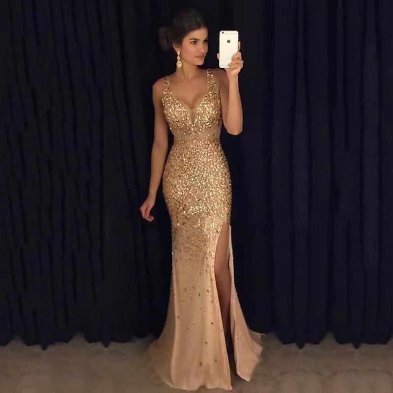 New Fall Winter 2025 European And American Style Export Split Front Hot Stamped Dresses  Long Dresses And Evening Gowns
