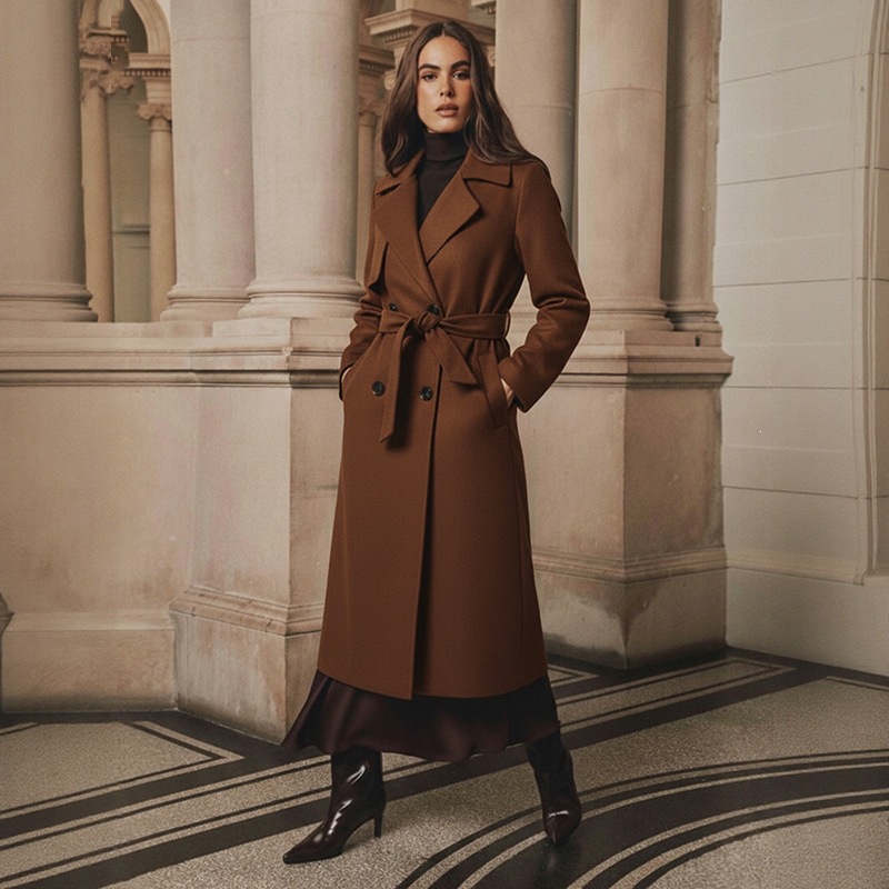 Russian Cross-Border European And American Style Long Coat 2026 Autumn And Winter New High-End Elegant Tie Woolen Coat For Women
