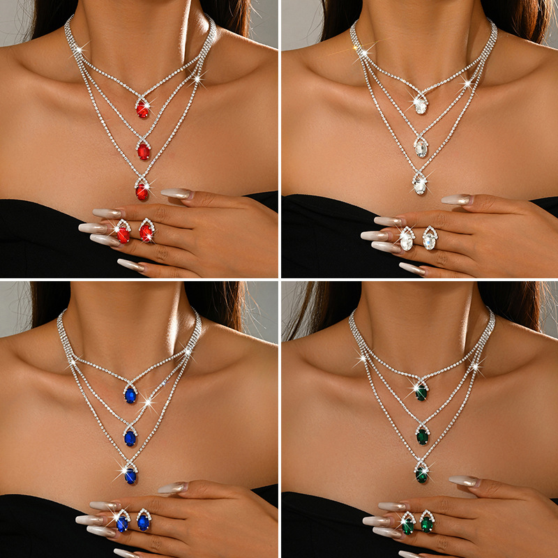 European And American Eco-Friendly Electroplated Earrings And Necklaces Jewelry Set, Fashionable And High-End Multi-Layer Crystal Bridal Wedding Jewelry
