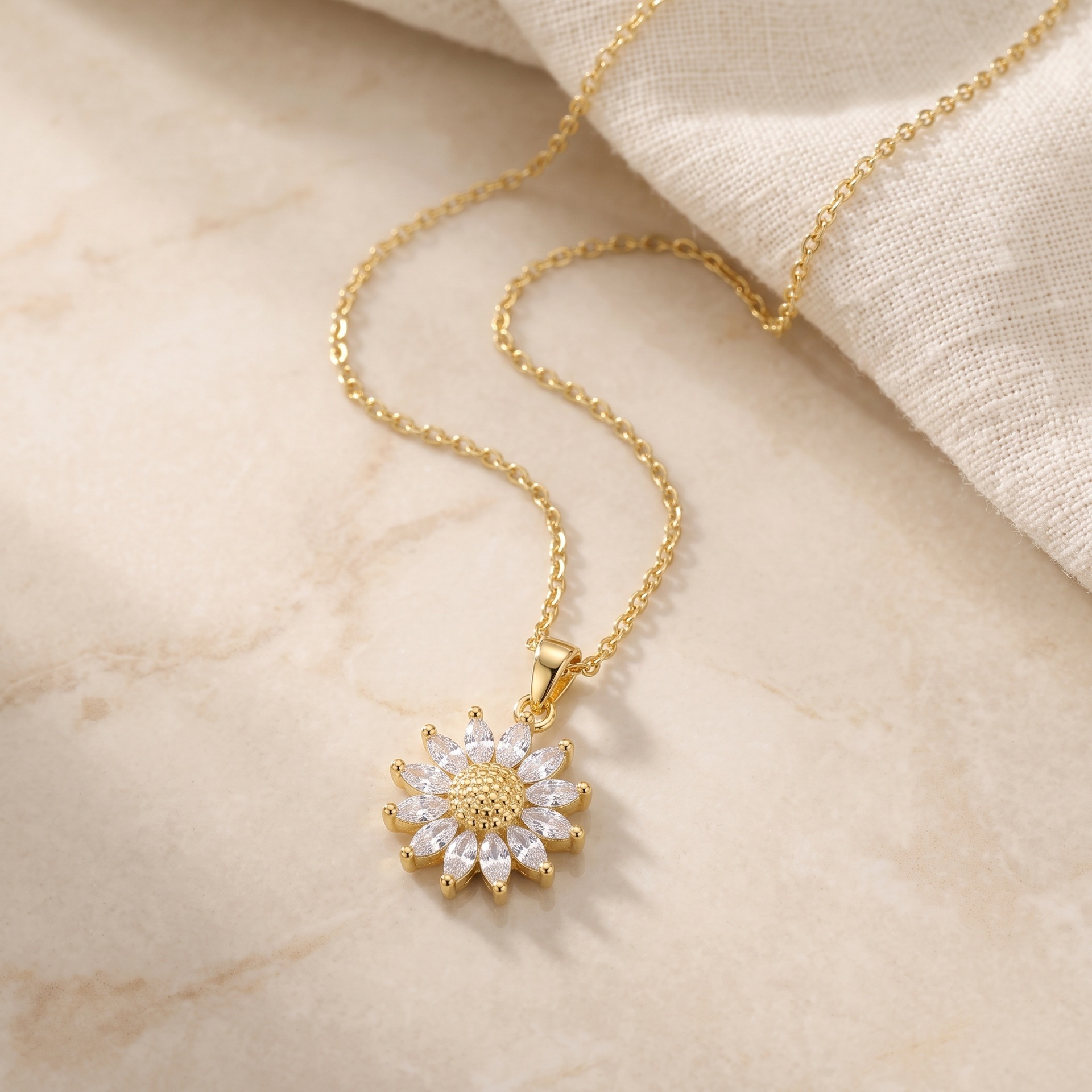 Japanese Korean Light Luxury Viral Sunflower CZ Micro Pave Clavicle Necklace, Fashion Sweet Dainty New Sunflower Pendant Necklace For Women 6