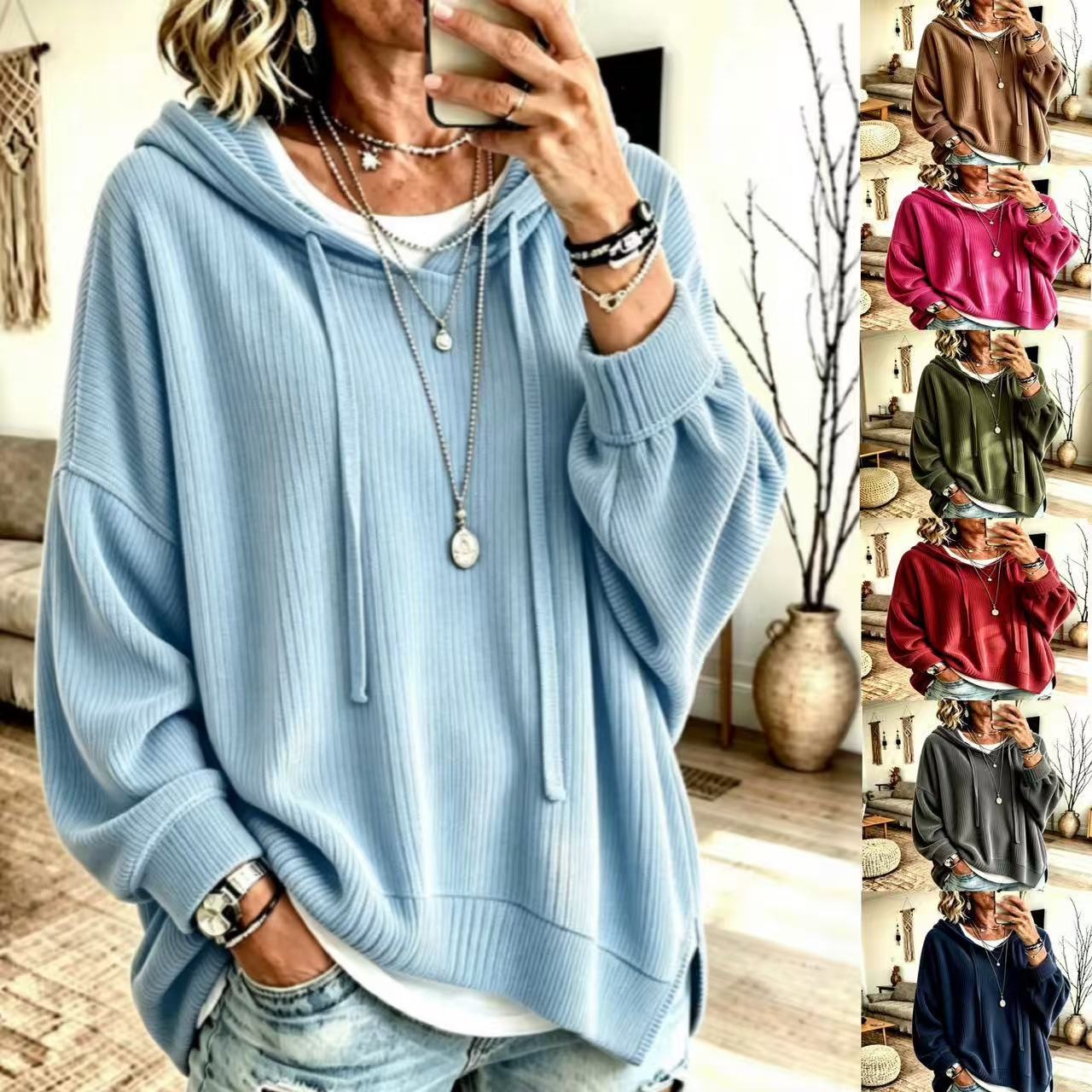 Women Ribbed Knit Drawstring Hoodie, Long Sleeve