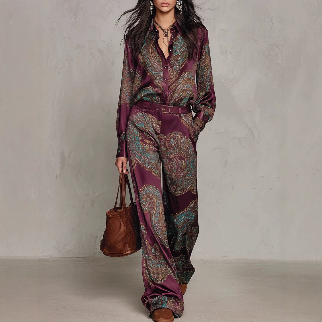 2026 New European and American Style Paisley Print Tricou cu mânecă lungă și pantaloni largi Set Belt Nu este inclus pentru vânzările transfrontaliere
