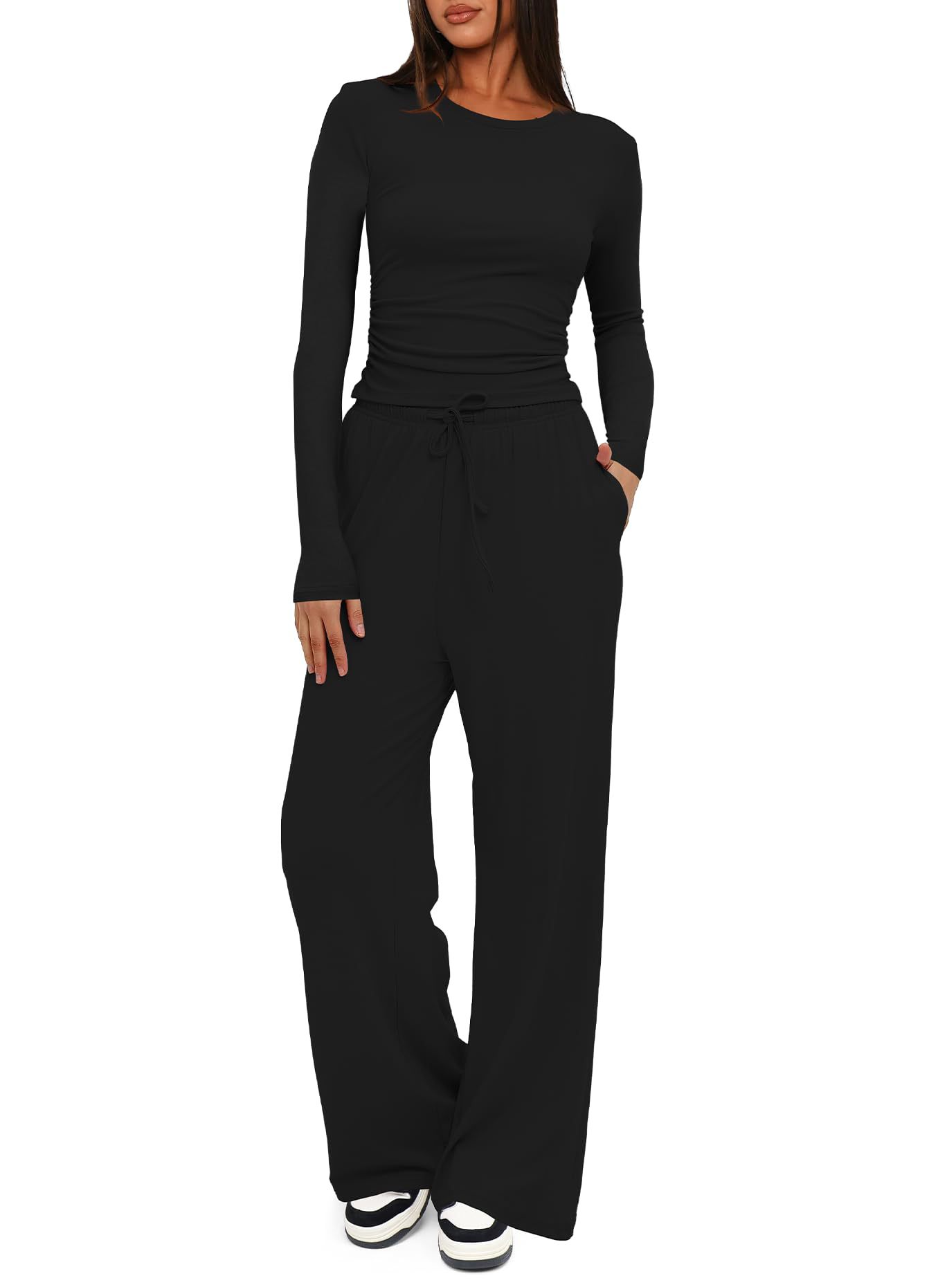 Trendy Solid 2 Piece Tracksuit Women Casual Long Sleeve Top High Waist Wide Leg Pants Set