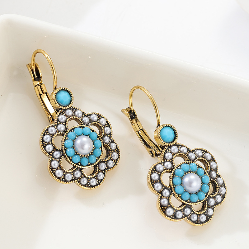 Vintage Turquoise Color Pearl Floral Drop Earrings Gold Tone Brass Women Elegant Party Fashion Jewelry