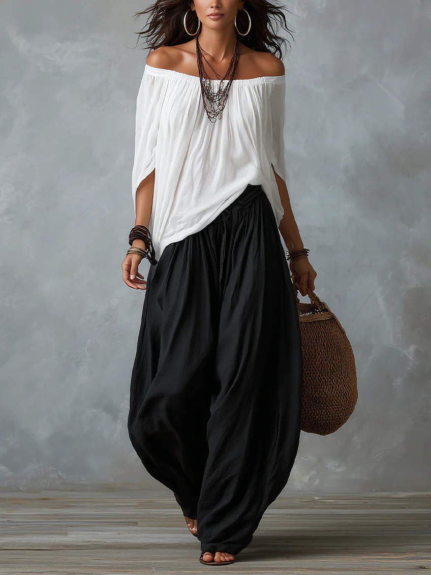2026 New Amazon Long Wide-Leg Pants Fashion Off-Shoulder Casual Color-Block Set