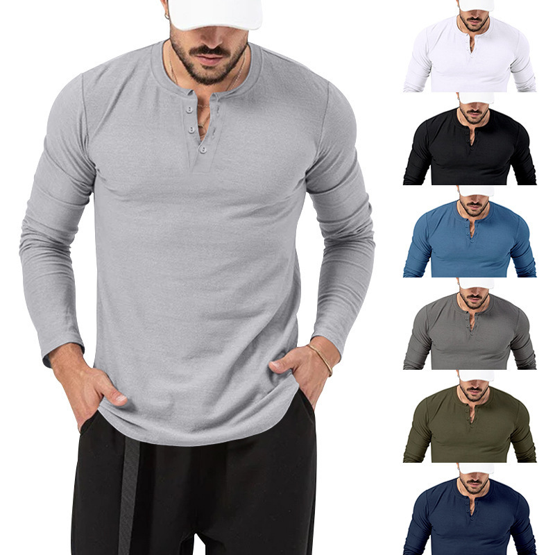 Men's Long-Sleeved Henry-Style Vintage Tough Guy Fitted Round-Neck Top T-Shirt Base Layer