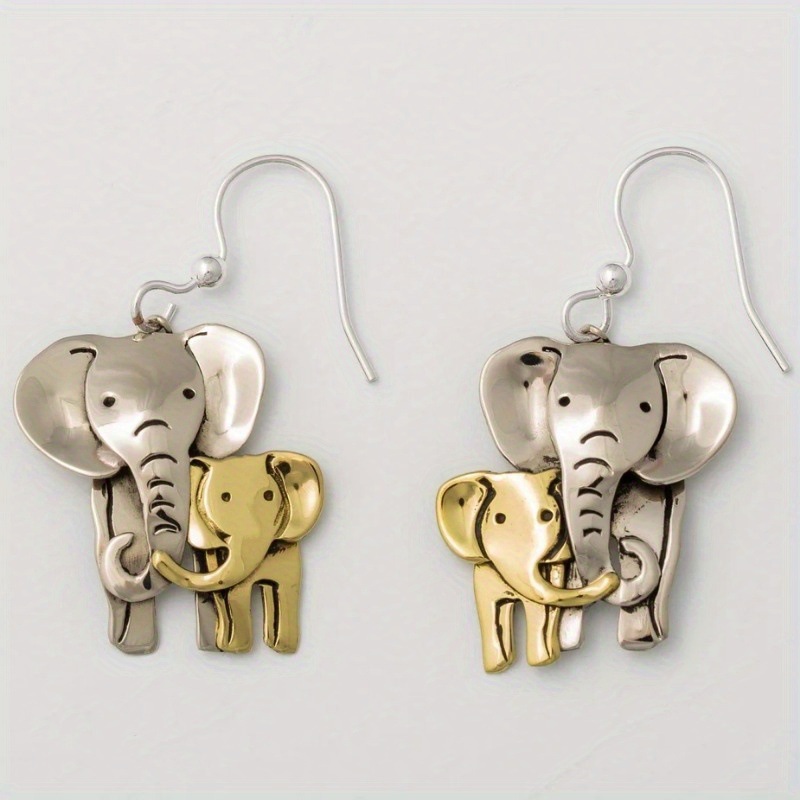 Vintage Elephant Family Drop Earrings Silver Tone