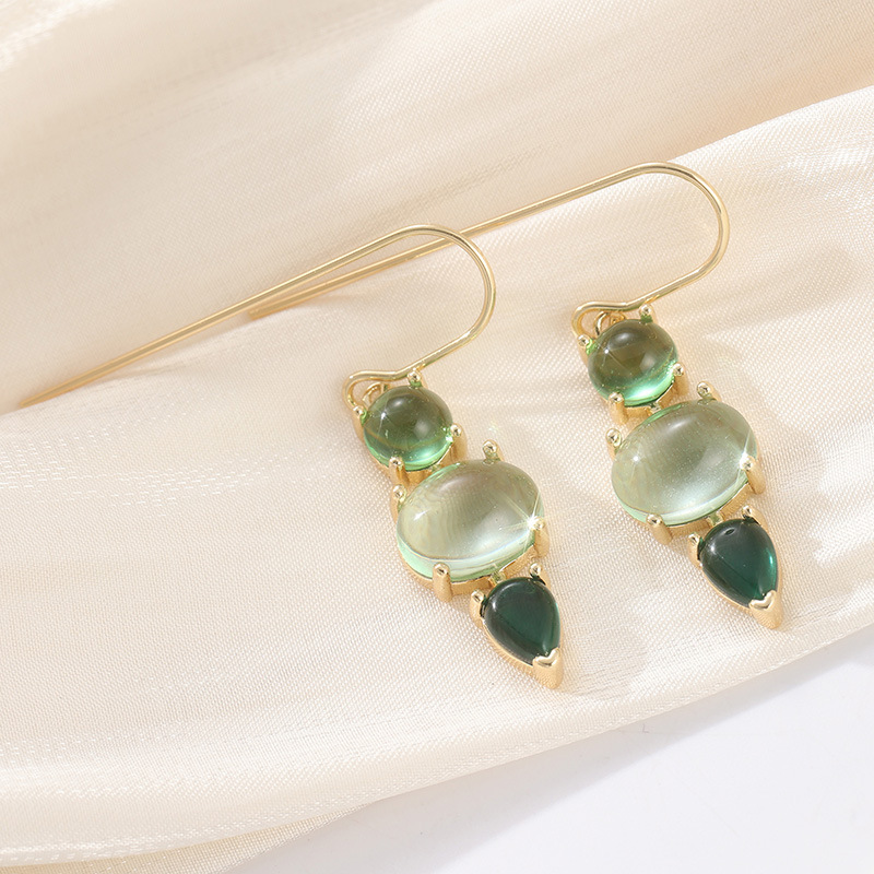 Elegant Green Stone Drop Earrings Gold Tone