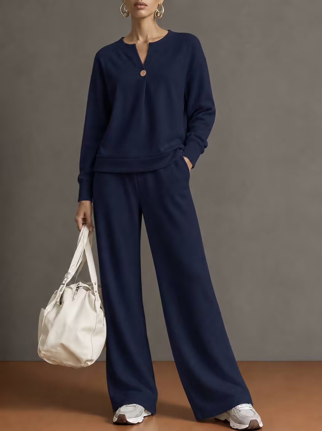 2026 Autumn And Winter New Cross-Border European And American Women's Clothing V-Neck Single-Button Long-Sleeved Sweatshirt Wide-Leg Pants Loose Casual Two-Piece Set
