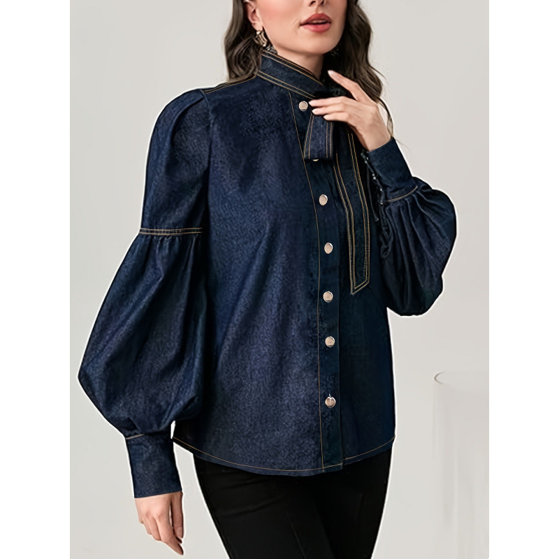 Cross-Border European And American Style Amazon Foreign Trade 2025 Hot-Selling Women's Fashion New Lace-Up Bow Denim Shirt product image