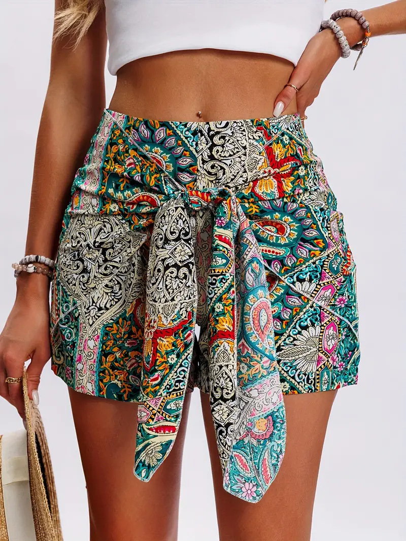 Women's boho shorts – green colorway styled for beach vacation
