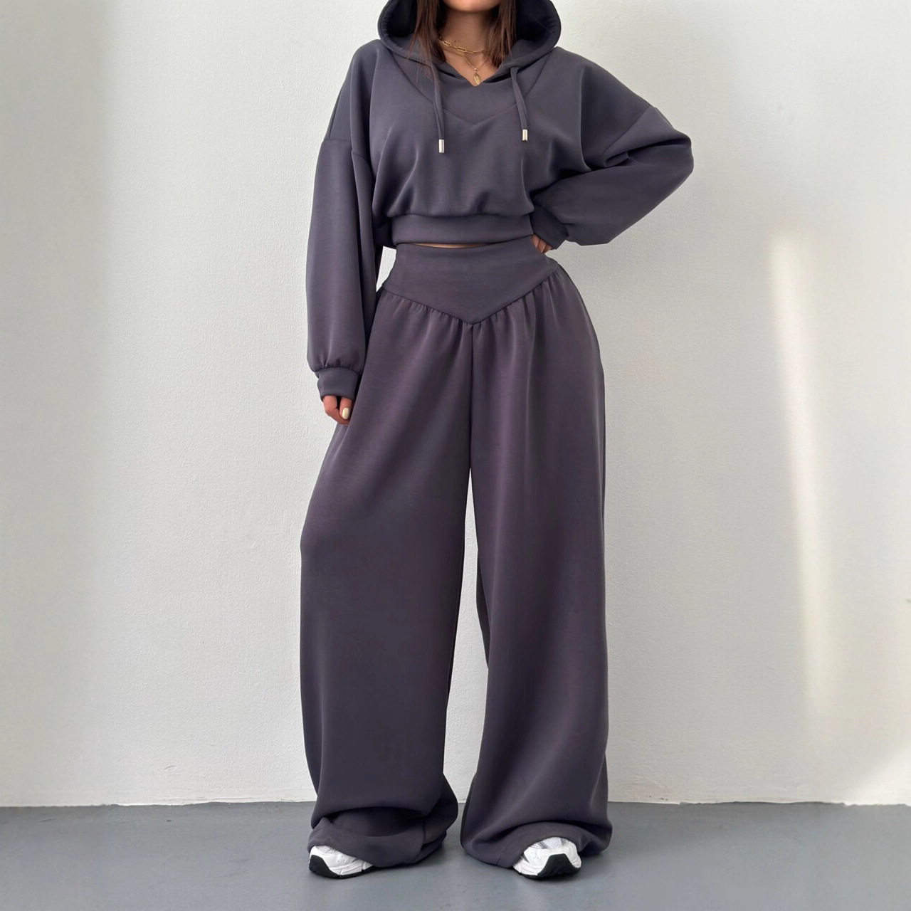 Cross-Border European And American Spring And Autumn New Casual Suit Women's V-Neck Hooded Long-Sleeved Sweatshirt Casual Pants Two-Piece Set