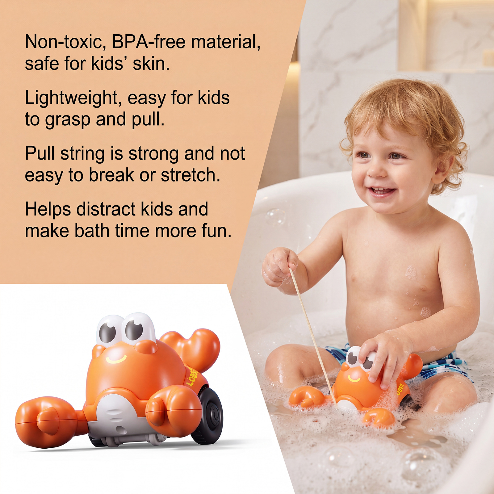 Dowmoo Pull-String Lobster In Orange Color, Fun Lobster-Shaped Bathroom Water Toy, No Batteries Needed, Children's Boredom-Relief Toy 4
