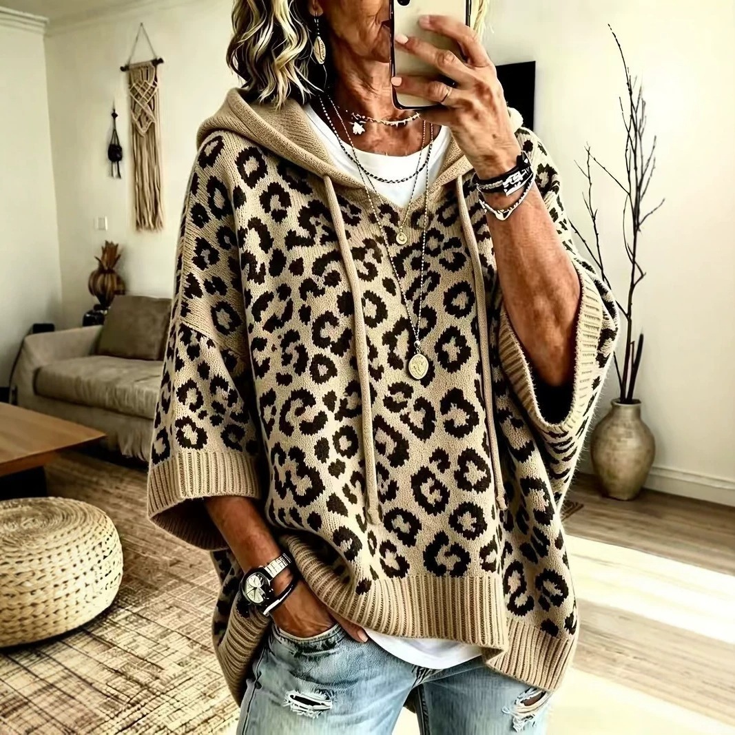 Leopard Print Hooded Drawstring Knitted Pullover Hoodie