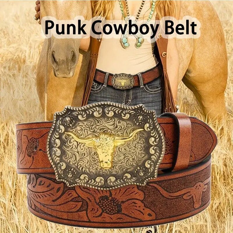 Men's Retro Western Cowboy Big Horn Belt