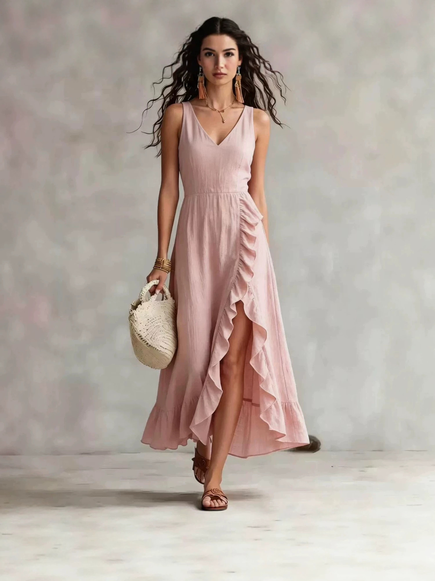 Bohemian V-neck Sleeveless Dress, Ruffled Split Maxi Skirt, Beach Vacation Casual Wear
