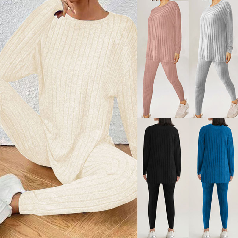 Autumn And Winter Solid Color Round Neck Long-Sleeve Ribbed Fashion Casual Sports Loungewear Two-Piece Set