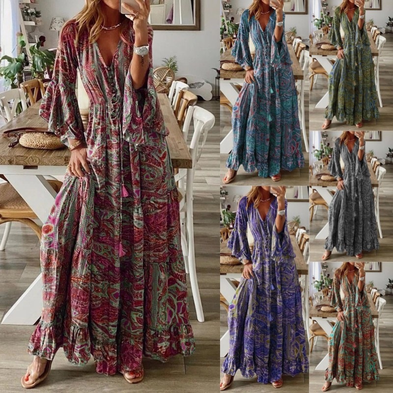 Bohemian Autumn Dress Elegant Fashion Flare Sleeve Print V-Neck High Waist Vacation Floral Maxi Dress
