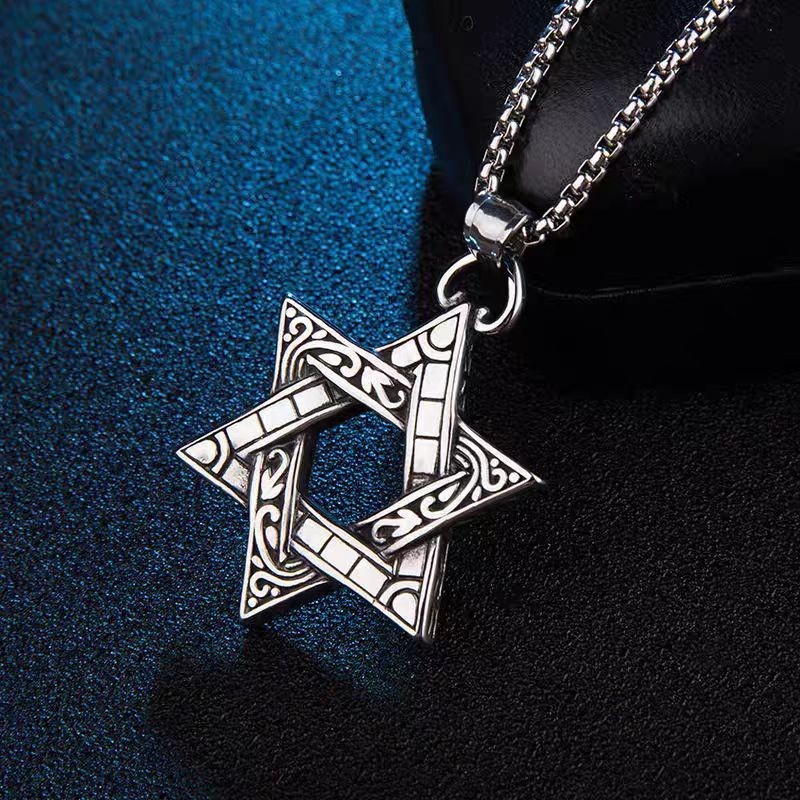 Cross-Border Stainless Steel Jewelry, Non-Fading Necklace, Men's Retro Double-Sided Six-Pointed Star Titanium Steel Pendant, Personalized Hip-Hop Accessories
