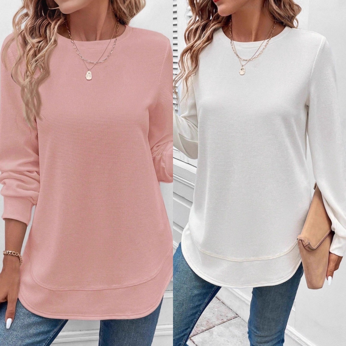 Women's Casual Fashion Fall Winter Long Sleeve Top Solid Color Crew Neck Asymmetric Textured Pullover, Comfortable Loungewear