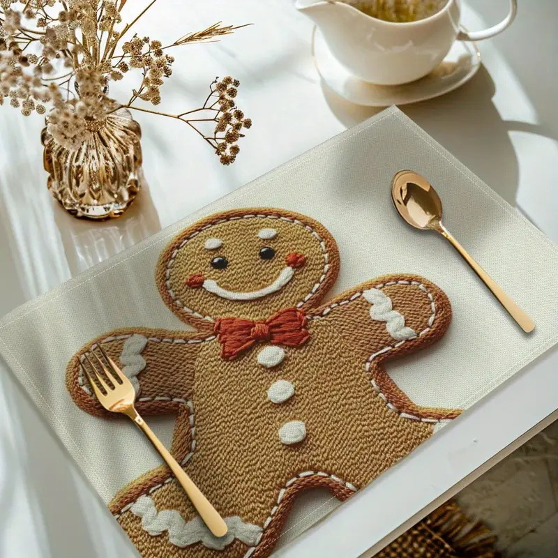Christmas Gingerbread Man Placemat Polyester Textured Dining Table Holiday Party Home Decor Festive Kitchen Mat 3