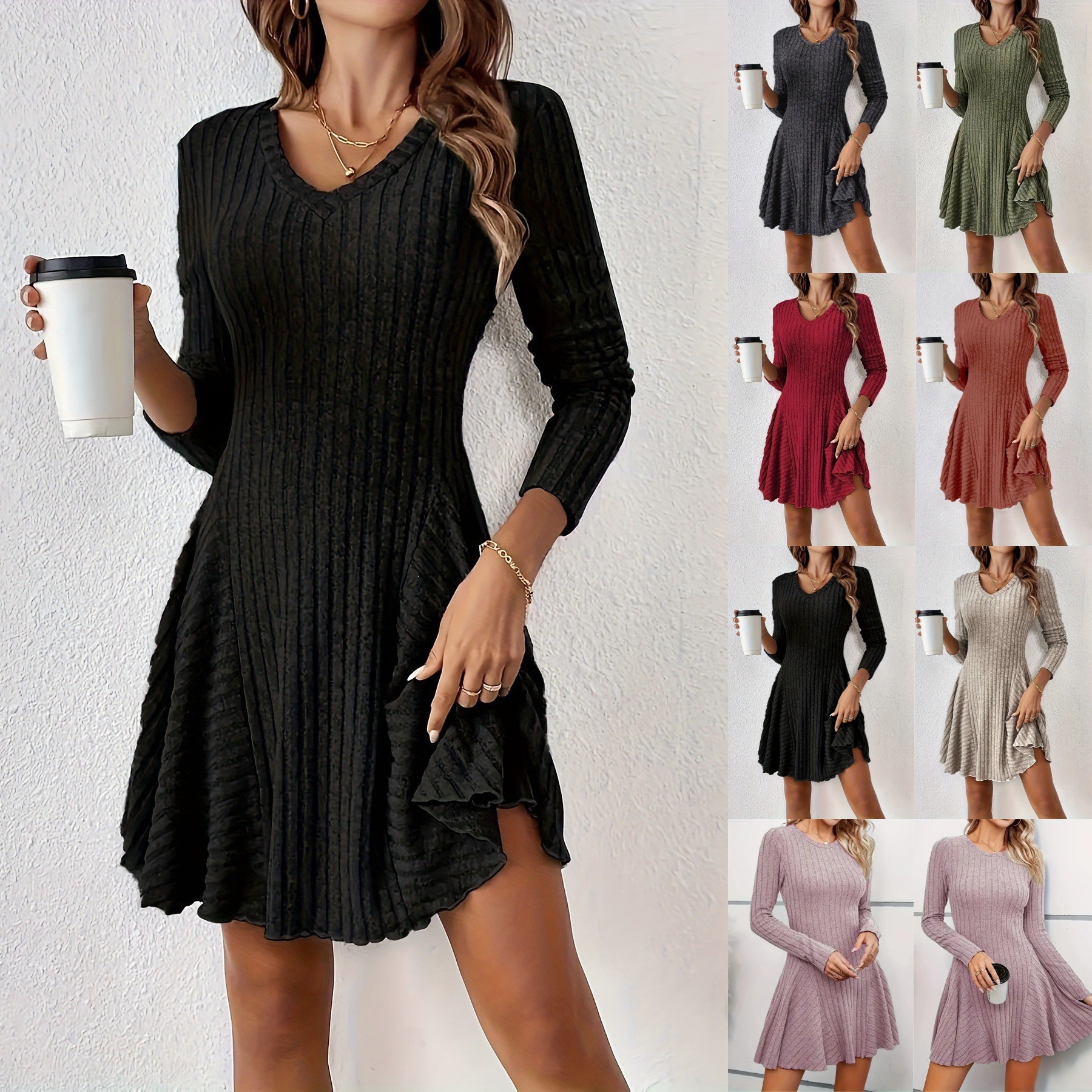 Cross-Border Popular Dress, European And American Amazon Early Autumn A-Line Style, Elegant Long-Sleeve Knitwear For Early Summer