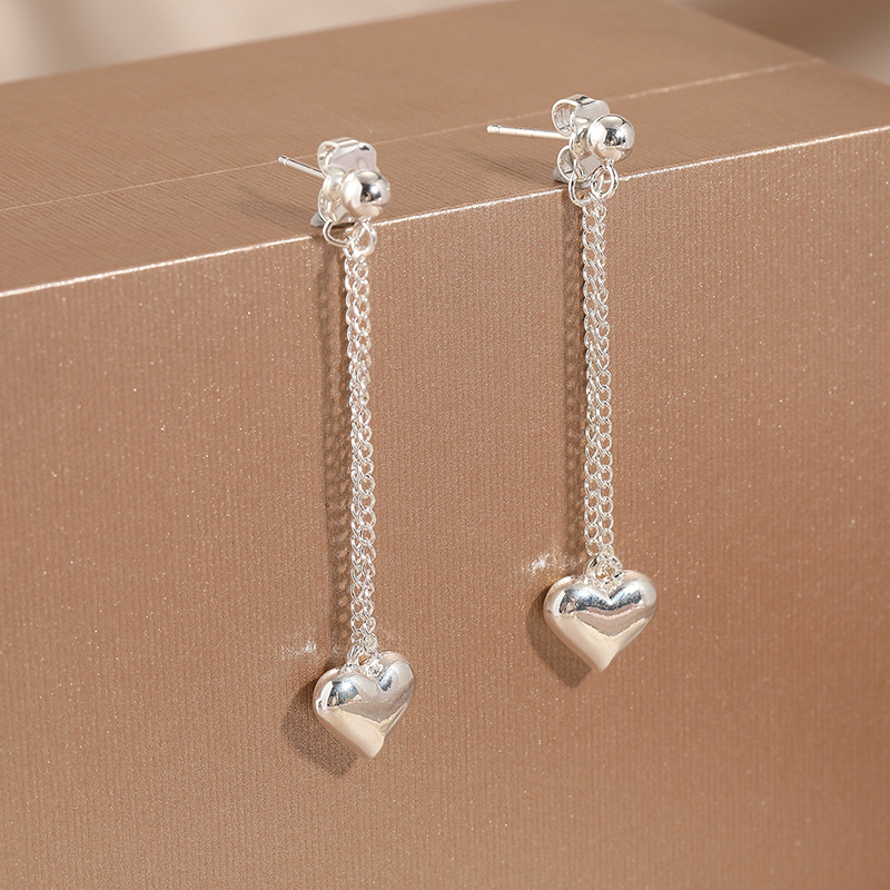Minimalist Heart Chain Drop Earrings Silver Tone Brass Women Romantic Daily Party Fashion Jewelry Elegant