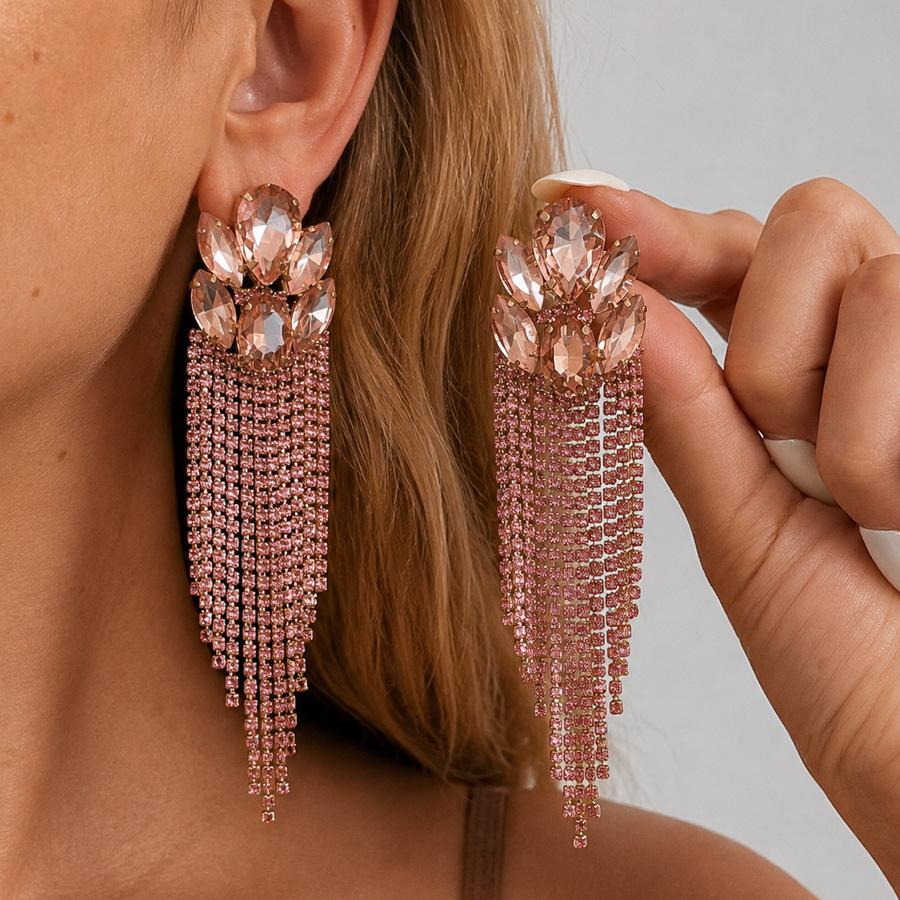 Womens Oval Rhinestone Inlaid Tassel Stud Earrings