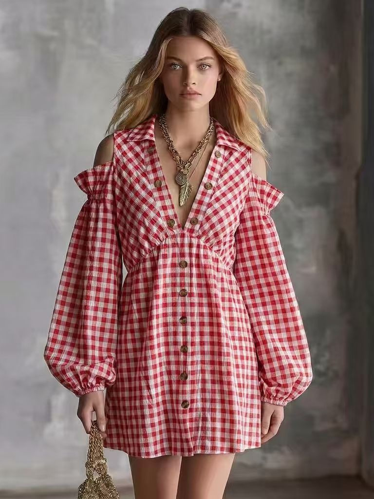 Casual Checkered Print Off-the-shoulder Lantern Long Sleeve