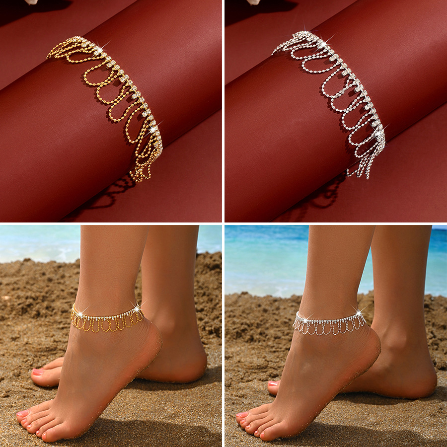 Women U-shaped Tassel Cubic Zirconia Anklet, Gold Plated Adjustable Beach Foot Jewelry