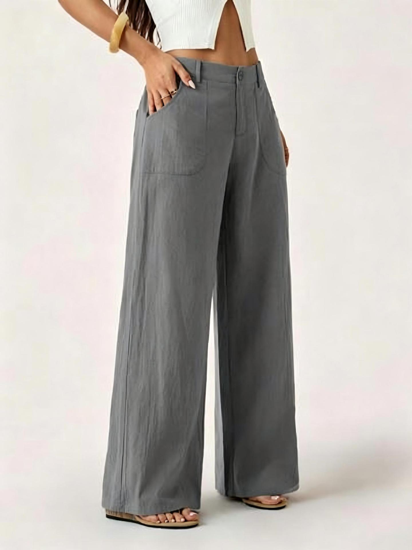 2026 New Style Women's Cotton Linen Wide Leg Pants, Mid Rise, Casual And Commuter Style, Solid Color With Pockets — image 12 of 17