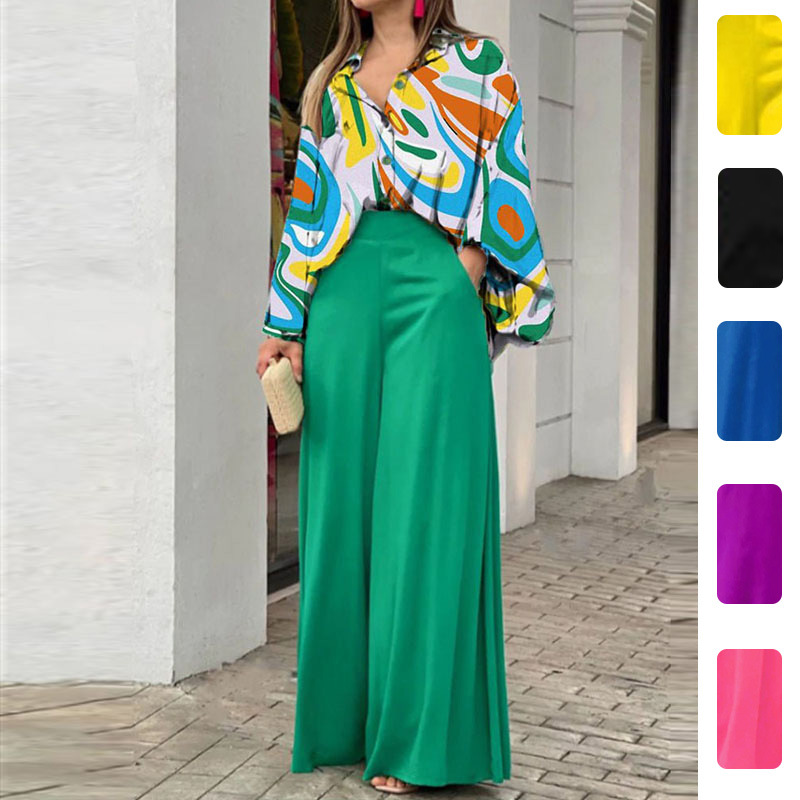Women Fashion Printed Shirt Wide Leg Pants