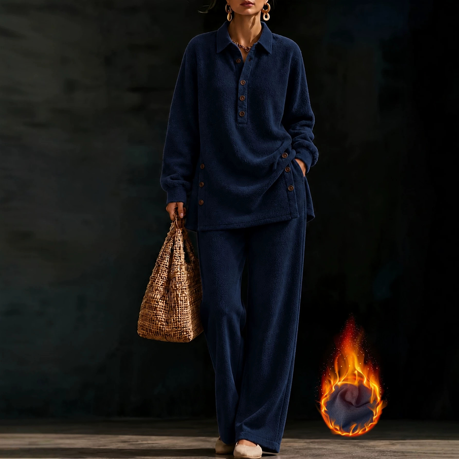 Annuo Stylish Women's Autumn Winter Casual Two-Piece Loungewear Set, Long-Sleeve Top & Long Pants