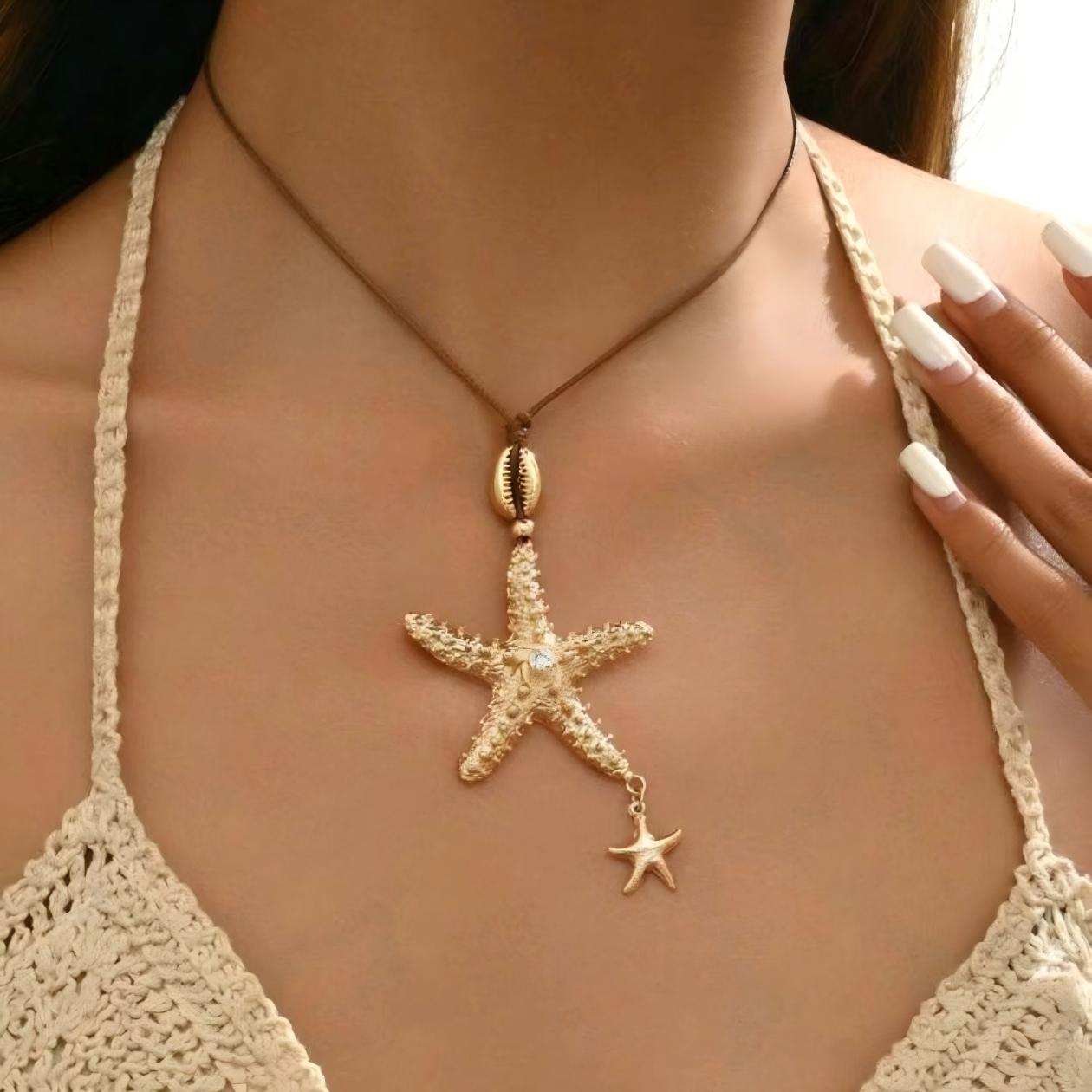 Womens Long Starfish Choker Necklace, Decorative Shell