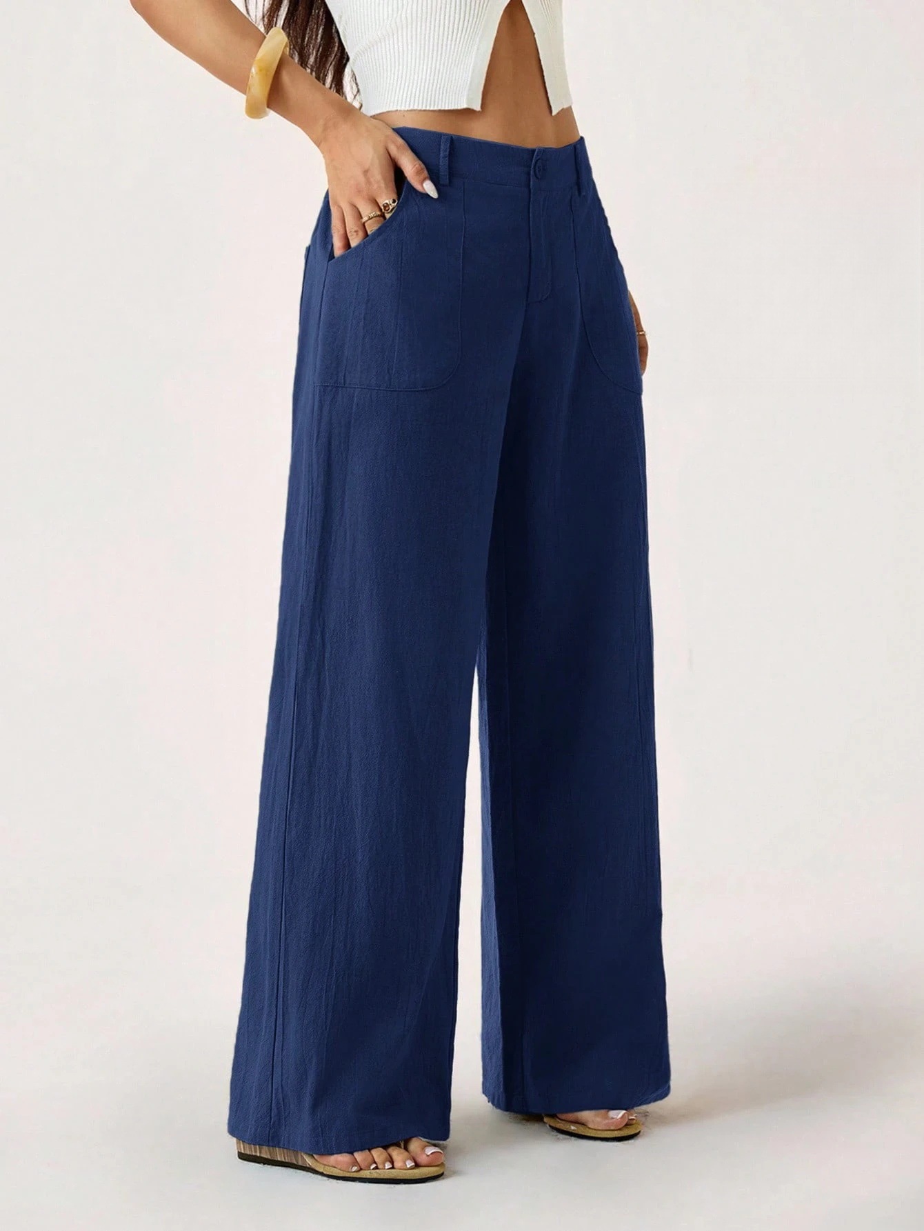 2026 New Style Women's Cotton Linen Wide Leg Pants, Mid Rise, Casual And Commuter Style, Solid Color With Pockets — image 9 of 17