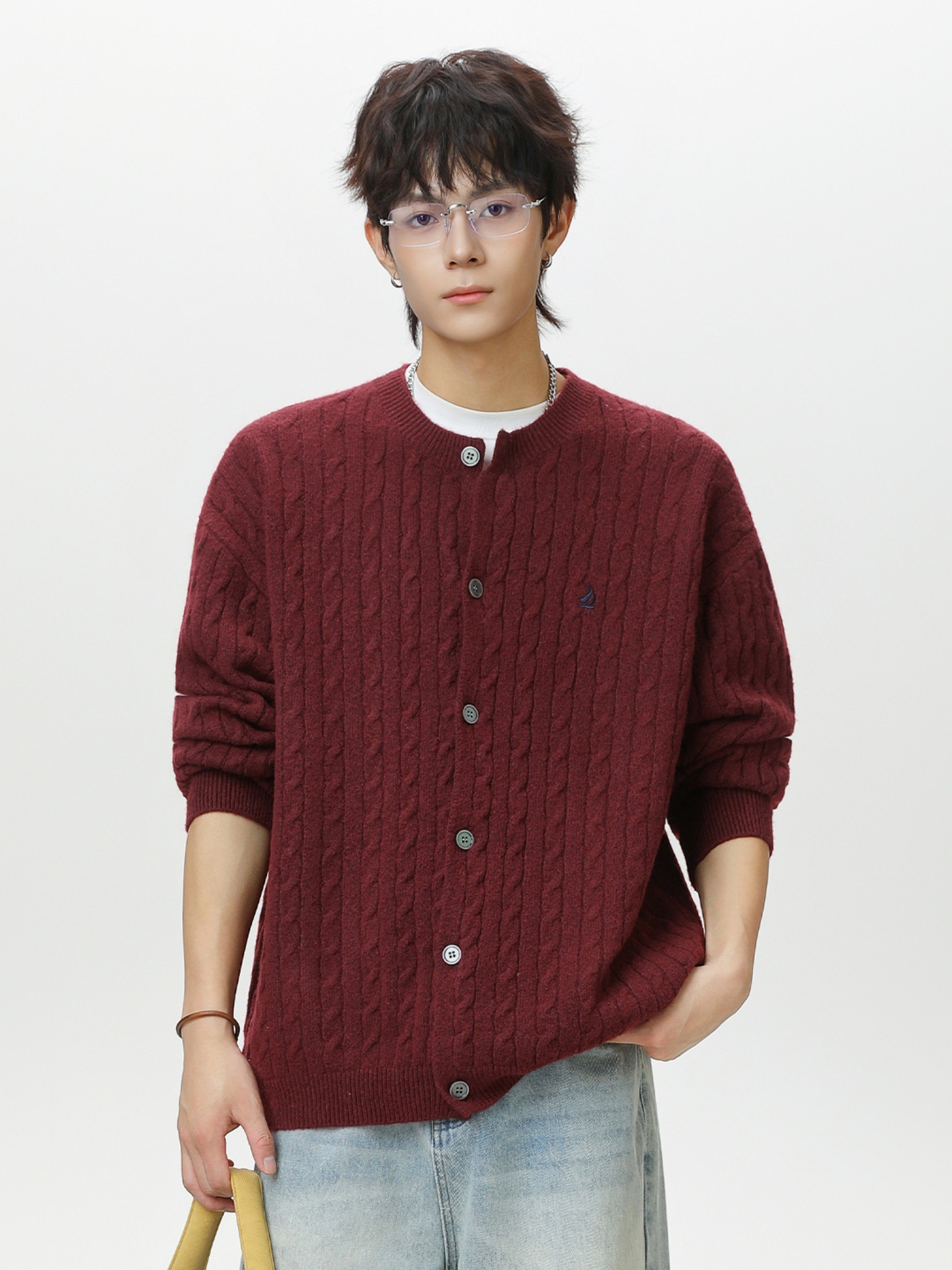 Crew Neck Cable Pulover Cardigan tricotat pentru bărbați, stil nou de toamnă și iarnă, tricotaje cu textură largă și moale, jachetă pulover de marcă trendy