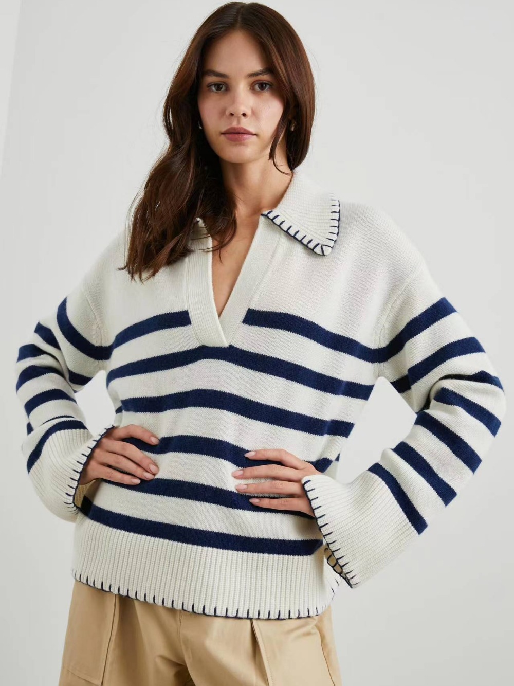 2024 Autumn And Winter Cross-border Amazon Loose Stripe Contrast POLO Collar Pullover Sweater New Inter-color Knitted Sweater For Women